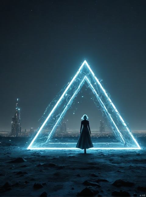 Desert, the gate of the sky appears in the air, very exquisite, 8K, beautiful: 1.2. High detail, ultra detail, ultra clear, high quality, looking up at the grassland, technology, future, Mars, standing at the top of the city, her entire body (revealing her lower body), a girl standing in a huge inverted triangle building (equilateral triangle) floating in mid air, sparkling at night, tight wedding dress, cloak, white hair, high heels, long legs, silhouettes, horizon, cyberpunk, looking at wide-angle shots, high angles, Future style, neon lights, windy, stunning visual background,