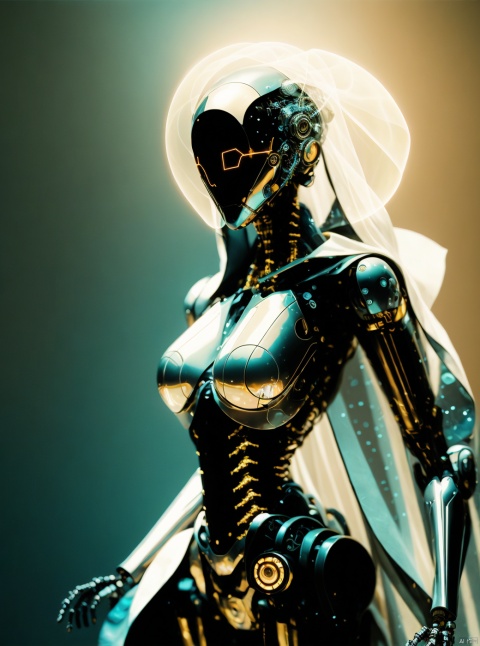  Soft lighting, vivid lighting, exquisite technology, natural expression, 1 girl, symbol of peace, black metal Bayer card, robot stunts, solo, nude lower body, enticing posture, sexy posture, science fiction novel, mecha head shape, chest circular light, wedding dress, humanoid, sacred geometry, huge breasts, shadow art, nervous system, wireframe, fractal, infrared photography, extraordinary and non-traditional colors, surreal scenery, transparent mechanical body, 1 boy, cloak, knollingcase, surprising background, yinyou, dofas