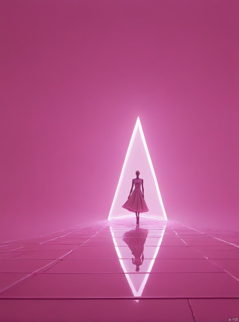 Pink, bar, very exquisite, beautiful: 1.1,8K. High detail, ultra detail, ultra clarity, high quality, church, technology, future, Mars, castle, architecture, full body (revealing lower body), a girl stands in a huge inverted triangle building (equilateral triangle) floating in mid air, sparkling during the day, tight wedding dress, little sister, hat, white hair, high heels, long legs, silhouette, horizon, cyberpunk, wide-angle lens: 1.3, high angle, futuristic style, Neon lights, stunning visual background,