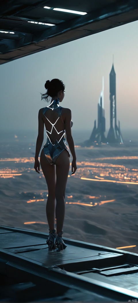 Very exquisite, 8K, beautiful: 1.2. On the roof, a girl stands in front of an inverted equilateral triangle, a huge inverted triangle building, tight fitting, wedding dress, glowing body, very beautiful, high heels, long legs, desert, inverted triangle building, high details, complex details, super details, super clarity, high quality, overlooking the city, Trisolarans civilization, sand dunes, spacecraft filled with space in the sky, with a sense of technology, futurism, night, Standing at the top of the city, her entire body (revealing her lower body), aerial objects, silhouettes, smiles, horizon, cyberpunk, looking at wide-angle shots, high angles, futuristic style, and stunning visual effects from above,