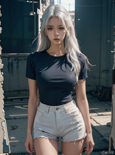  Looking down at the camera, a slim fitting base shirt, a slim fit look, angry expression, white hair, long hair, denim shorts, high legs, white stockings, big chest, looking down, full body, casual shoes, sports shoes, the best quality, masterpiece, high-level, original, extremely detailed, an extremely good quality

