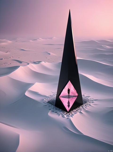 Very exquisite, 8K, independent and black, with a huge inverted triangular building floating in the center of the snow, an hourglass, light pink, and a figure on the roof of the desert. First person perspective, glowing wedding dress, tight shorts, white hair, boots, long legs, pink lines, daytime, rainy days, high details, complex details, super details, ultra clear, high-quality, futuristic, silhouette, horizon, looking at wide-angle lens, technological, high angle, futuristic style, stunning visual effects from above