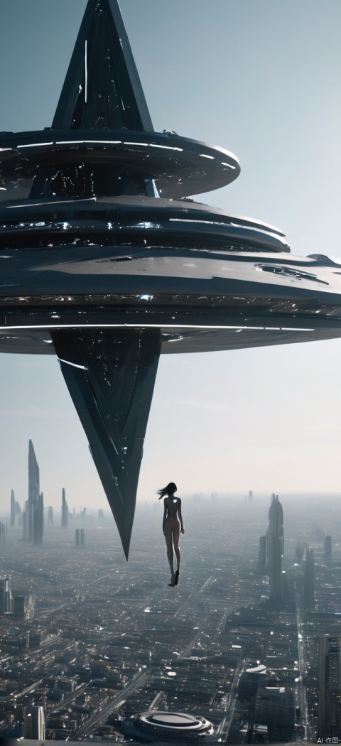 Very exquisite, 8K, beautiful: 1.2. On the roof, a girl stands in front of an inverted equilateral triangle, tight fitting, wedding dress, glowing body, very beautiful, high heels, long legs, desert, inverted triangle architecture, high details, complex details, super details, super clarity, high quality, city, overlooking the city, city, three body civilization, spacecraft filled with space in the sky, with a sense of technology, futurism, daytime, Standing at the top of the city, her entire body (revealing her lower body), aerial objects, silhouettes, smiles, horizon, cyberpunk, looking at wide-angle shots, high angles, futuristic style, and stunning visual effects from above,