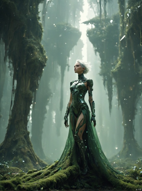 Green, robot in the air, flying, very exquisite, 8K, beautiful: 1.2. High detail, ultra detail, ultra clear, high-quality, low headed forest, technology, future, Mars, standing at the top of a big tree, her entire body (revealing her lower body), a girl standing in a huge inverted triangle building (equilateral triangle) floating in mid air, sparkling during the day, tight wedding dress shining, cape, white hair, high heels, long legs, contour, horizon, cyberpunk, wide-angle lens, high angle, futuristic style, neon lights, windy, stunning visual background