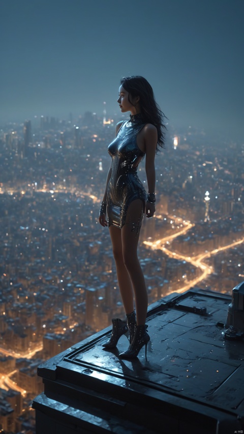 Very exquisite, 8K, beautiful: 1.2. Space elevator, a girl standing in the universe, wearing tight fitting clothes, short skirts, high heels, long legs, high details, complex details, super details, ultra clear, high-quality, overlooking the city, with a sense of technology, futuristic, starry sky, moonlight, and starlight. Standing on the top of the city, her whole body (revealing her lower body), silhouette, smile, horizon, cyberpunk, standing on the roof, looking at the wide-angle lens from above, high angle, oil painting style, Futurism style, magical lighting, stunning visual effects background,