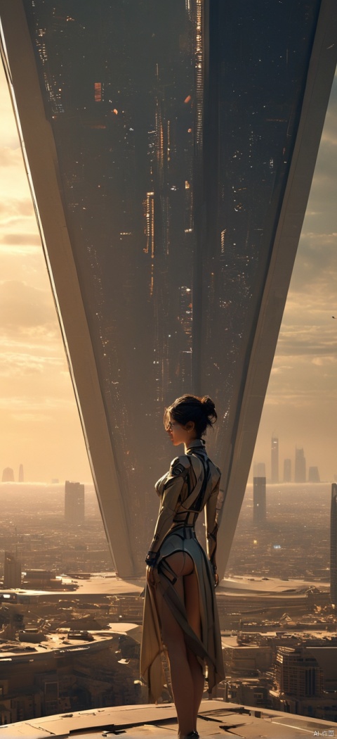  Very exquisite, 8K, beautiful: 1.2. A girl stands in front of a super large triangular building (equilateral triangle), a huge inverted triangle building, tight fitting, forked skirt, high heels, long legs, inverted triangle building, high details, complex details, super details, super clarity, high quality, overlooking the city, Trisolarans civilization, sand dunes, spacecraft filled with space in the sky, with a sense of technology, futurism, space station, subverting the city, night, Saturn, standing at the top of the city, Her entire body (revealing her lower body), silhouette, smile, horizon, cyberpunk, standing on the roof, looking at the wide-angle lens, high angle, futuristic style, and stunning visual background from above,