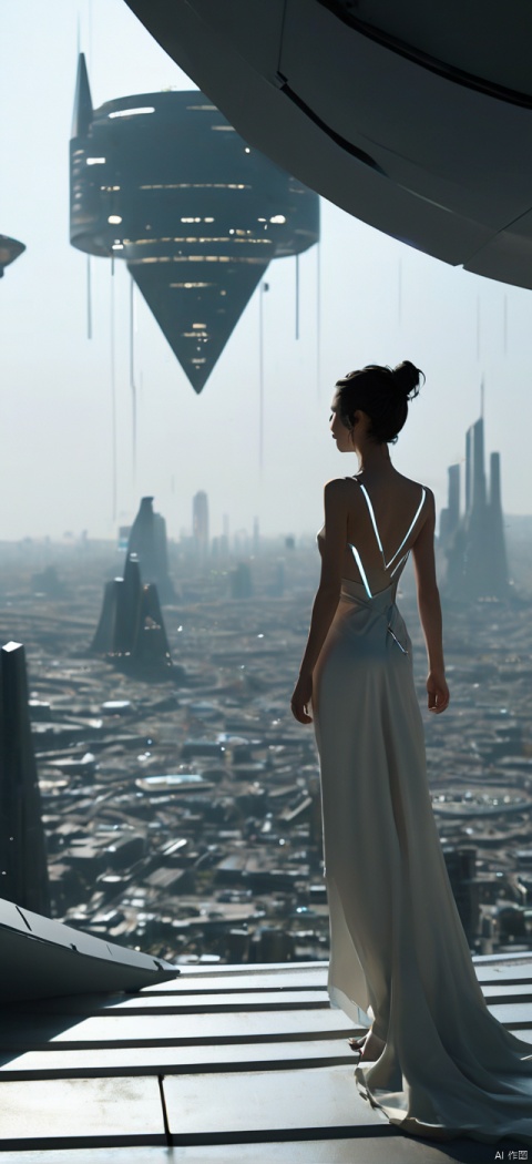 Very exquisite, 8K, beautiful: 1.2. On the roof, a girl stands in front of an inverted equilateral triangle, tight fitting, wedding dress, glowing body, very beautiful, high heels, long legs, desert, inverted triangle architecture, high details, complex details, super details, super clarity, high quality, city, overlooking the city, city, three body civilization, spacecraft filled with space in the sky, with a sense of technology, futurism, daytime, Standing at the top of the city, her entire body (revealing her lower body), aerial objects, silhouettes, smiles, horizon, cyberpunk, looking at wide-angle shots, high angles, futuristic style, and stunning visual effects from above,