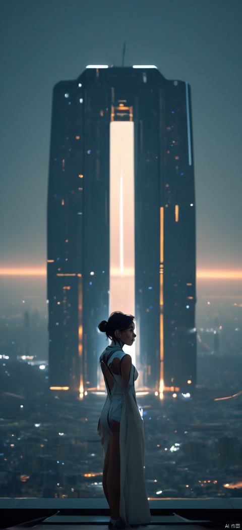 Very exquisite, 8K, beautiful: 1.2. A girl stands in front of a super large triangular building (equilateral triangle), a huge inverted triangle building, wedding dress, full body glowing, high heels, long legs, inverted triangle building with high details, complex details, super details, super clarity, high quality, overlooking the city, the Trisolaran civilization, sand dunes, spacecraft filled with space in the sky, with a sense of technology, futurism, space station, subversion of the city, night, Saturn, standing at the top of the city, her entire body (revealing the lower body), silhouette, smile, horizon, cyberpunk, standing on the roof, looking at wide-angle lenses, high angles, futuristic style, from above it is amazing. The visual background,