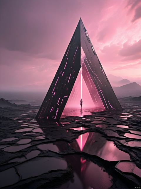 Very exquisite, 8K, mist, sword, independent and black, with a huge inverted triangle building floating in the center of the lava, an hourglass, light pink, and a figure on the roof. First person perspective, glowing wedding dress, tight shorts, white hair, boots, long legs, pink lines, daytime, rainy days, high details, complex details, super details, ultra clear, high-quality, futuristic, silhouette, horizon, viewing wide-angle lens, technology, high angle, futuristic style, stunning visual effects from above