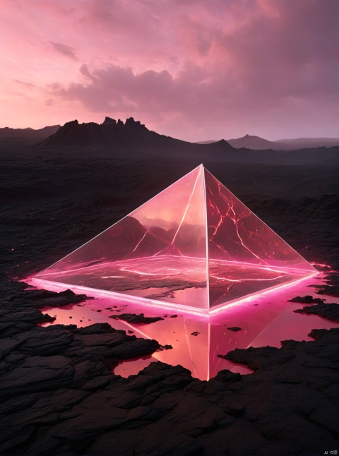 Very exquisite, 8K, misty, independent and black, with a huge inverted triangle building floating in the center of the lava, an hourglass, a sky full of dust, light pink, and a figure holding a sword on the roof. First person perspective, glowing wedding dress, tight shorts, white hair, boots, long legs, pink lines, daytime, rainy days, high details, complex details, super details, ultra clear, high-quality, futuristic, silhouette, horizon, viewing wide-angle lens, technology, high angle, futuristic style, stunning visual effects from above