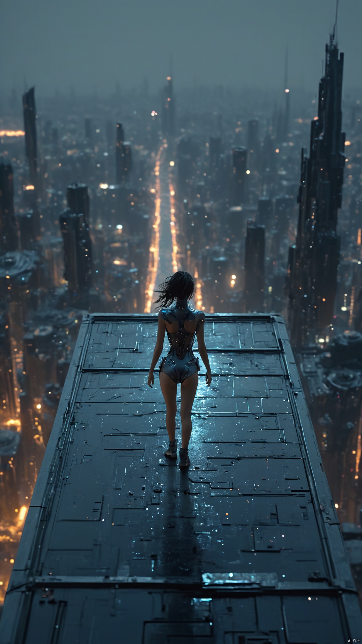 Very exquisite, 8K, beautiful: 1.2. A girl stands in the universe, with long legs, high details, complex details, super details, super clarity, high quality, overlooking the city, a sense of technology, futurism, starry sky, moonlight, and starlight, at the top of the city, with her whole body (revealing her lower body), silhouette, smile, horizon, cyberpunk, standing on the roof, looking at the wide-angle lens from above, high angle, oil painting style, futuristic style, magical lighting Amazing visual effect background,