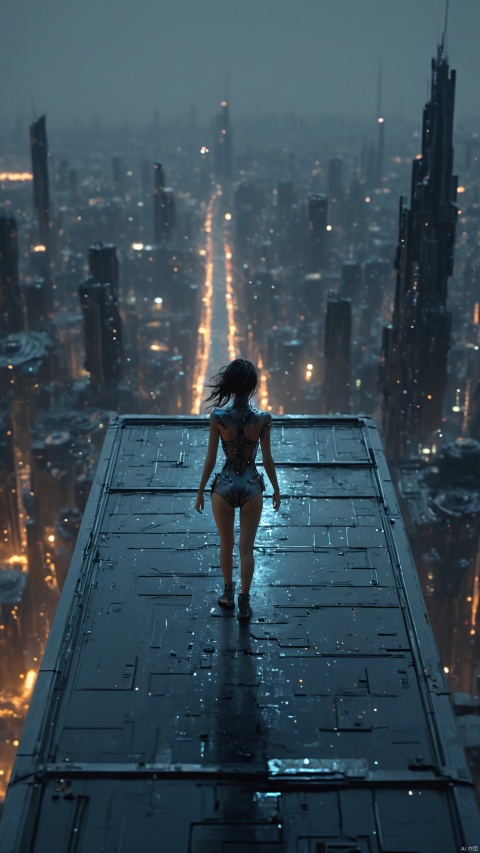 Very exquisite, 8K, beautiful: 1.2. A girl stands in the universe, with long legs, high details, complex details, super details, super clarity, high quality, overlooking the city, a sense of technology, futurism, starry sky, moonlight, and starlight, at the top of the city, with her whole body (revealing her lower body), silhouette, smile, horizon, cyberpunk, standing on the roof, looking at the wide-angle lens from above, high angle, oil painting style, futuristic style, magical lighting Amazing visual effect background,