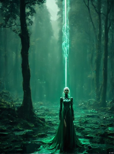 Green, the gate of the sky appears in the air, waterfall, very exquisite, 8K, beautiful: 1.2. High detail, ultra detail, ultra clear, high-quality, low headed forest, technology, future, Mars, standing at the top of a big tree, her entire body (revealing her lower body), a girl standing in a huge inverted triangle building (equilateral triangle) floating in mid air, sparkling during the day, tight wedding dress, cloak, white hair, high heels, long legs, contour, horizon, cyberpunk, wide-angle lens, high angle, futuristic style, Neon lights, windy, stunning visual background, LZBG