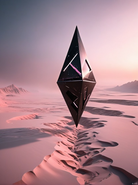 Very exquisite, 8K, independent and black, with a huge inverted triangular building floating in the center of the snow, an hourglass, light pink, and a figure on the roof of the desert. First person perspective, glowing wedding dress, tight shorts, white hair, boots, long legs, pink lines, daytime, rainy days, high details, complex details, super details, ultra clear, high-quality, futuristic, silhouette, horizon, looking at wide-angle lens, technological, high angle, futuristic style, stunning visual effects from above