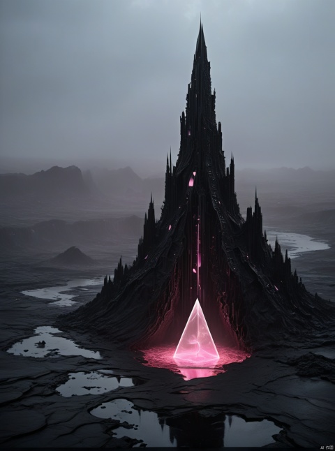 Very exquisite, 8K, foggy, independent and black, with a huge inverted triangle building floating in the center of the lava, an hourglass, light pink, and a figure on the roof. First person perspective, glowing wedding dress, tight shorts, white hair, boots, long legs, pink lines, daytime, rainy days, high details, complex details, super details, ultra clear, high-quality, futuristic, silhouette, horizon, viewing wide-angle lens, technology, high angle, futuristic style, stunning visual effects from above
