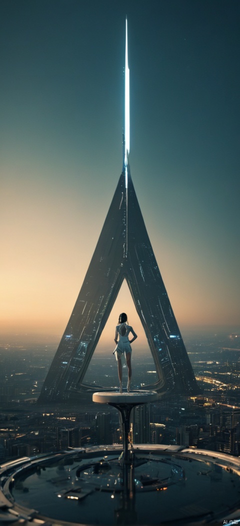 At night, the whole body shines brightly, very delicate, 8K, beautiful: 1.2. A girl, with a wedding dress, high heels, long legs, inverted triangle architecture, high details, complex details, super details, super clarity, high quality, overlooking the city, the Trisolaran civilization, sand dunes, with a sense of technology, futurism, space station, subverting the city, Saturn, inverted triangle architecture standing in the center of the city, her entire body (revealing her lower body), silhouette, smile, horizon, cyberpunk, standing on the roof, Looking at the wide-angle lens, high angle, futuristic style, looking at the stunning visual background from above,