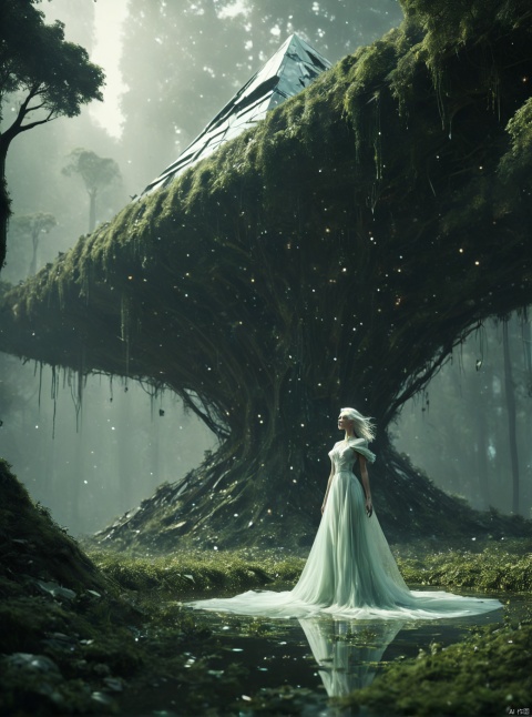 Green, robot in the air, flying, very exquisite, 8K, beautiful: 1.2. High detail, ultra detail, ultra clear, high-quality, low headed forest, technology, future, Mars, standing at the top of a big tree, her entire body (revealing her lower body), a girl standing in a huge inverted triangle building (equilateral triangle) floating in mid air, sparkling during the day, tight wedding dress shining, cape, white hair, high heels, long legs, contour, horizon, cyberpunk, wide-angle lens, high angle, futuristic style, neon lights, windy, stunning visual background