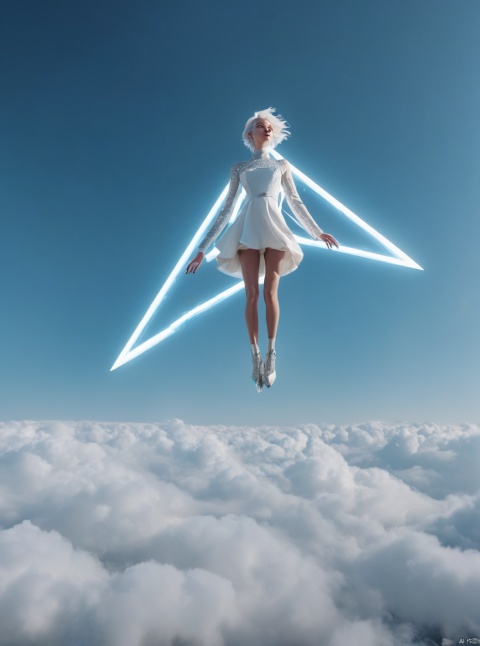 In the snow, the Sky Gate appears in the air, very exquisite, 8K, beautiful: 1.2. High detail, ultra detail, ultra clear, high-quality, looking up, technology, future, Mars, standing at the top of the city, her entire body (revealing her lower body), a girl standing in a huge inverted triangle building (equilateral triangle) floating in mid air, sparkling during the day, tight wedding dress, shorts, white hair, high heels, long legs, silhouettes, horizon, cyberpunk, wide-angle lens, high angle, futuristic style, aurora, neon lights, windy, stunning visual background,