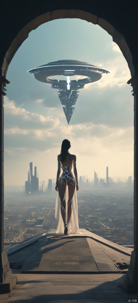 Very exquisite, 8K, beautiful: 1.2. A girl stands on the roof, while another girl stands in front of an inverted equilateral triangle, tight fitting, in a wedding dress, with a glowing body, very beautiful, high heels, long legs, desert, inverted triangle architecture, high details, complex details, super details, super clarity, high quality, city, overlooking the city, city, three body civilization, UFO in the sky, a sense of technology, futurism, daytime, standing at the top of the city, Her entire body (revealing her lower body), aerial objects, silhouettes, smiles, horizon, cyberpunk, looking at wide-angle shots, high angles, futuristic style, and stunning visual backgrounds from above,