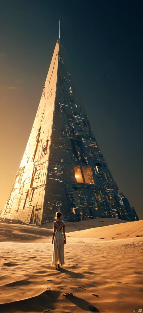 Inverted triangular building floating in the air, very exquisite at night, 8K, beautiful: 1.2. A girl stands in front of a giant inverted triangle building (equilateral triangle), with a wedding dress, glowing all over her body, high heels, long legs, inverted triangle building, high details, complex details, super details, super clarity, high quality, overlooking the city, the Trisolaran civilization, sand dunes, with a sense of science and technology, futurism, space station, subverting the city, Saturn, standing at the top of the city, her entire body (revealing the lower body), silhouette, smile, Horizon, cyberpunk, standing on the roof, looking at the wide-angle lens, high angle, futuristic style, and stunning visual background from above,