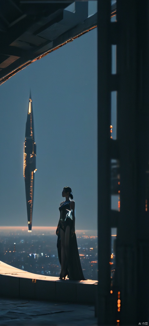 Very exquisite, 8K, beautiful: 1.2. On the roof, a girl stands in front of an inverted equilateral triangle, tight fitting, wedding dress, glowing body, very beautiful, high heels, long legs, desert, inverted triangle architecture, high details, complex details, super details, super clarity, high quality, overlooking the city, Trisolarans civilization, sand dunes, spacecraft filled with space in the sky, with a sense of technology, futurism, night, Standing at the top of the city, her entire body (revealing her lower body), aerial objects, silhouettes, smiles, horizon, cyberpunk, looking at wide-angle shots, high angles, futuristic style, and stunning visual effects from above,