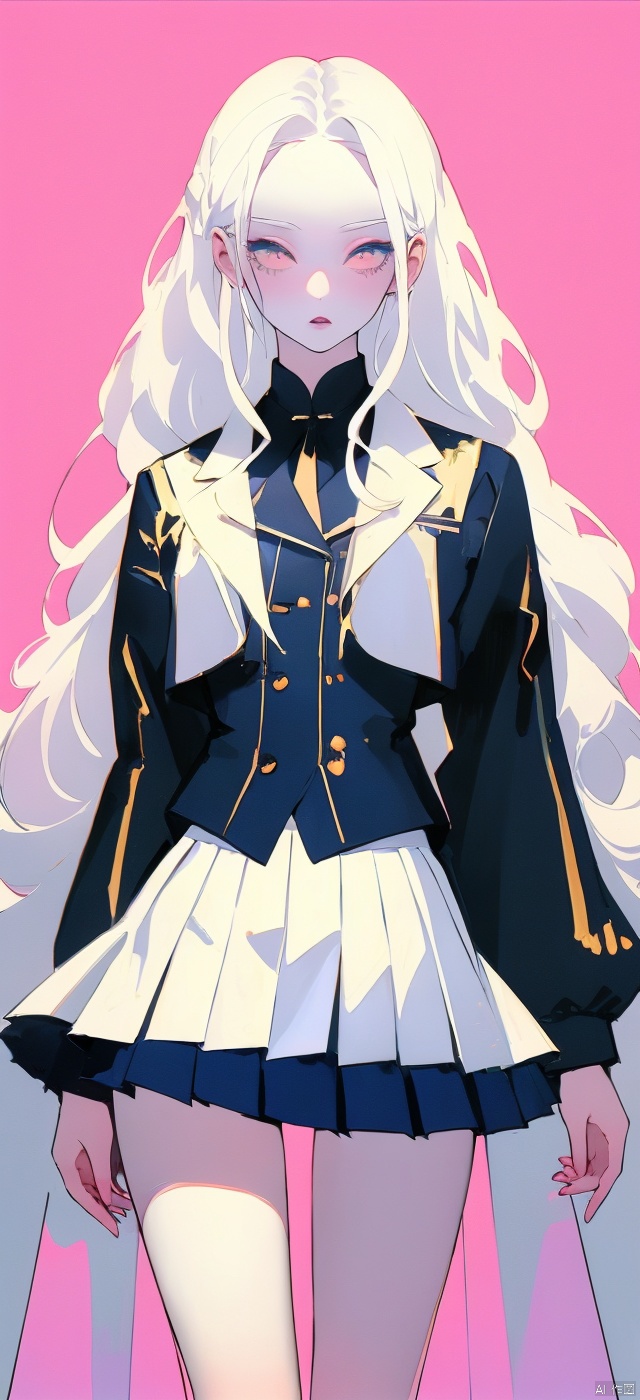 A girl with a tight appearance, white hair, ultra white skin, long hair, pleated skirt, big chest, high legs, low head, the best quality, masterpiece, high-end, original, ultimate delicacy, high quality, born in the 1990s, sexy school uniform, ultra short skirt

