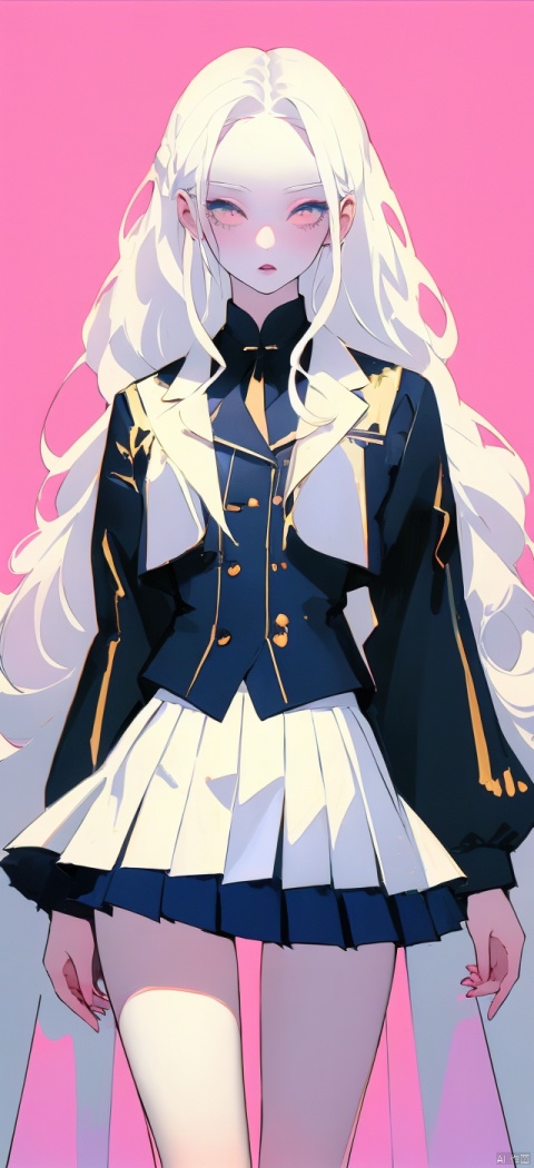 A girl with a tight appearance, white hair, ultra white skin, long hair, pleated skirt, big chest, high legs, low head, the best quality, masterpiece, high-end, original, ultimate delicacy, high quality, born in the 1990s, sexy school uniform, ultra short skirt


