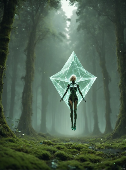 Green, robot in the air, flying, very exquisite, 8K, beautiful: 1.2. High detail, ultra detail, ultra clear, high-quality, low headed forest, technology, future, Mars, standing at the top of a big tree, her entire body (revealing her lower body), a girl standing in a huge inverted triangle building (equilateral triangle) floating in mid air, sparkling during the day, tight wedding dress shining, cape, white hair, high heels, long legs, contour, horizon, cyberpunk, wide-angle lens, high angle, futuristic style, neon lights, windy, stunning visual background
