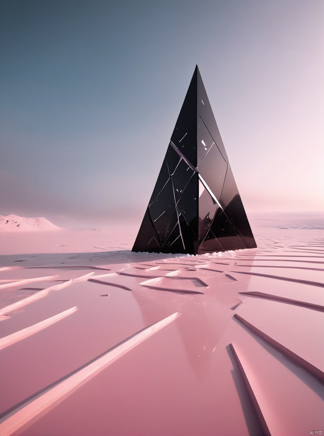 Very exquisite, 8K, independent and black, with a huge inverted triangular building floating in the center of the snow, an hourglass, light pink, and a figure on the roof of the desert. First person perspective, glowing wedding dress, tight shorts, white hair, boots, long legs, pink lines, daytime, rainy days, high details, complex details, super details, ultra clear, high-quality, futuristic, silhouette, horizon, looking at wide-angle lens, technological, high angle, futuristic style, stunning visual effects from above