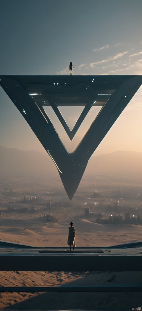 Very exquisite, 8K, beautiful: 1.2. On the roof, a girl stands in front of an inverted equilateral triangle, a huge inverted triangle building, a tight fitting, wedding dress, glowing body, very beautiful. High heels, long legs, desert, inverted triangle building, high details, complex details, super details, super clarity, high quality, overlooking the city, Trisolarans civilization, sand dunes, spacecraft filled with space in the sky, with a sense of technology and futurism, At night, standing at the top of the city, her entire body (revealing her lower body), silhouettes, smiles, horizon, cyberpunk, standing on the roof, gazing at wide-angle shots, high angles, futuristic styles, and stunning visual backgrounds from above,