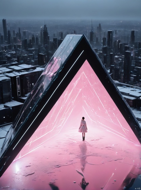 There is a person holding a sword, very exquisite, outdoor, 8K, hazy, black crystal, a huge triangle in the center of the snow, light pink, on the roof, with another person holding a sword. First person perspective, glowing wedding dress, tight shorts, white hair, boots, long legs, pink lines, daytime, rainy days, high details, complex details, super details, ultra clear, high-quality, futuristic, silhouette, horizon, viewing wide-angle lens, technology, high angle, futuristic style, stunning visual effects from above,