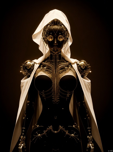  Soft lighting, vivid lighting, exquisite technology, natural expression, 1 girl, symbol of peace, black metal Bayer card, robot stunts, solo, nude lower body, enticing posture, sexy posture, science fiction novel, mecha head shape, chest circular light, wedding dress, humanoid, sacred geometry, huge breasts, shadow art, nervous system, wireframe, fractal, infrared photography, extraordinary and non-traditional colors, surreal scenery, transparent mechanical body, 1 boy, cloak, knollingcase, surprising background, yinyou, dofas