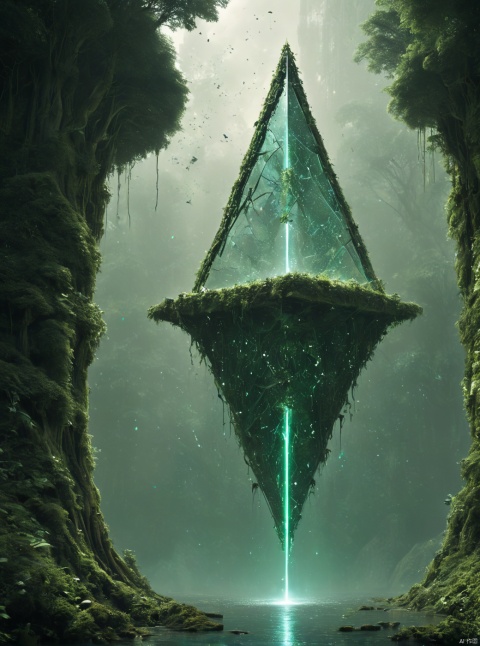  Green, the gate of the sky appears in the air, waterfall, very exquisite, 8K, beautiful: 1.2. High detail, ultra detail, ultra clear, high-quality, low headed forest, technology, future, Mars, standing at the top of a big tree, her entire body (revealing her lower body), a girl standing in a huge inverted triangle building (equilateral triangle) floating in mid air, sparkling during the day, tight wedding dress, cloak, white hair, high heels, long legs, contour, horizon, cyberpunk, wide-angle lens, high angle, futuristic style, Neon lights, windy, stunning visual background, LZBG
