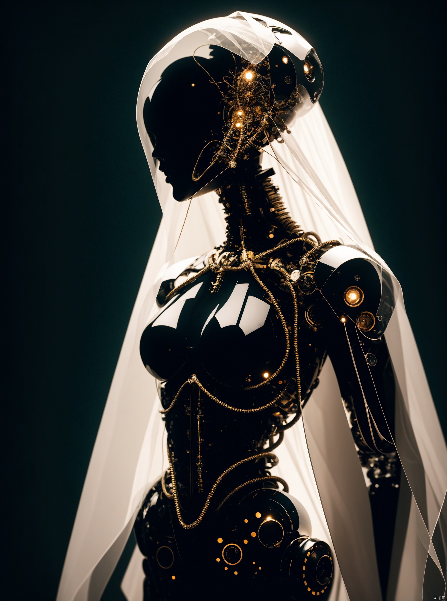  Soft lighting, vivid lighting, exquisite technology, natural expression, 1 girl, symbol of peace, black metal Bayer card, robot stunts, solo, nude lower body, enticing posture, sexy posture, science fiction novel, mecha head shape, chest circular light, wedding dress, humanoid, sacred geometry, huge breasts, shadow art, nervous system, wireframe, fractal, infrared photography, extraordinary and non-traditional colors, surreal scenery, transparent mechanical body, 1 boy, cloak, knollingcase, surprising background, yinyou, dofas