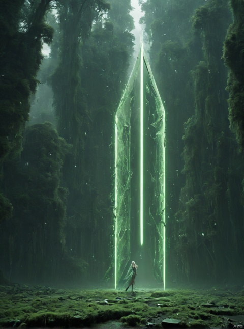 Green, huge door appears in the air, waterfall, very exquisite, 8K, beautiful: 1.2. High detail, ultra detail, ultra clear, high-quality, low headed forest, technology, future, Mars, standing on the top of a big tree, with her whole body (revealing her lower body), a girl stands in a huge inverted triangle building (equilateral triangle) floating in mid air, sparkling during the day. She wears a tight wedding dress and cloak, white hair, high heels, long legs, silhouette, horizon, cyberpunk, wide-angle lens, high angle, futuristic style, neon lights, tornadoes, and stunning visual background,