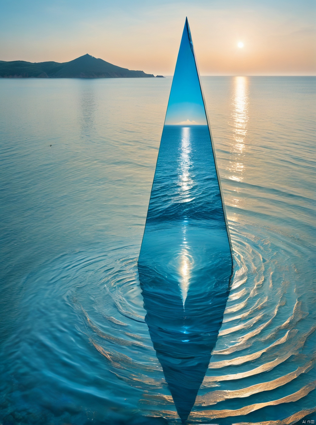 Blue and blue seaside ripples, layers of waves, satellite image view, with a huge three triangular building reflected in the center floating on the beach. There are many pendants in the sky, girls in the distance, shining split dresses, white hair, boots, long legs, white lines, daytime, high details, complex details, super details, ultra clear, high quality, viewing wide-angle lenses, high angles