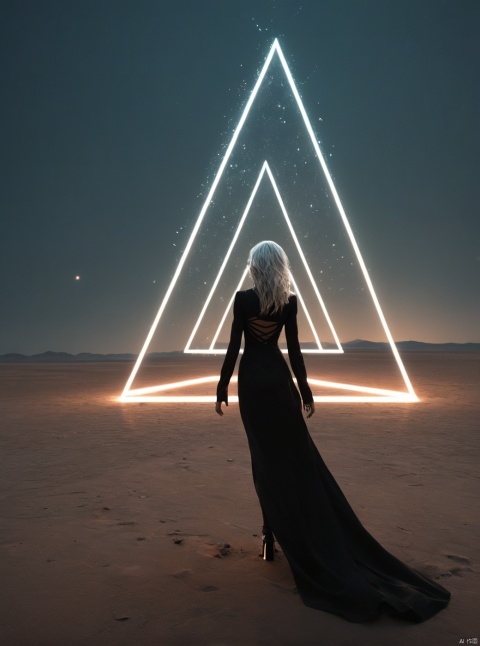 Desert, the gate of the sky appears in the air, very exquisite, 8K, beautiful: 1.2. High detail, ultra detail, ultra clear, high quality, looking up at the grassland, technology, future, Mars, standing at the top of the city, her entire body (revealing her lower body), a girl standing in a huge inverted triangle building (equilateral triangle) floating in mid air, sparkling at night, tight wedding dress, cloak, white hair, high heels, long legs, silhouettes, horizon, cyberpunk, looking at wide-angle shots, high angles, Future style, neon lights, windy, stunning visual background,