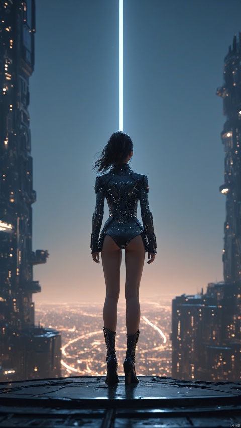 Very exquisite, 8K, beautiful: 1.2. A girl stands in the universe, wearing a tight fitting suit, ultra short skirt, high heels, big long legs, high details, complex details, ultra details, ultra clear, high-quality, overlooking the city, with a sense of technology, futuristic, starry sky, moonlight, and starlight. Standing on the top of the city, her whole body (revealing her lower body), silhouette, smile, horizon, cyberpunk, standing on the roof, looking at wide-angle shots from above, high angles, oil painting style, futuristic style, magical lighting, stunning visual effects background, space station, space elevator,