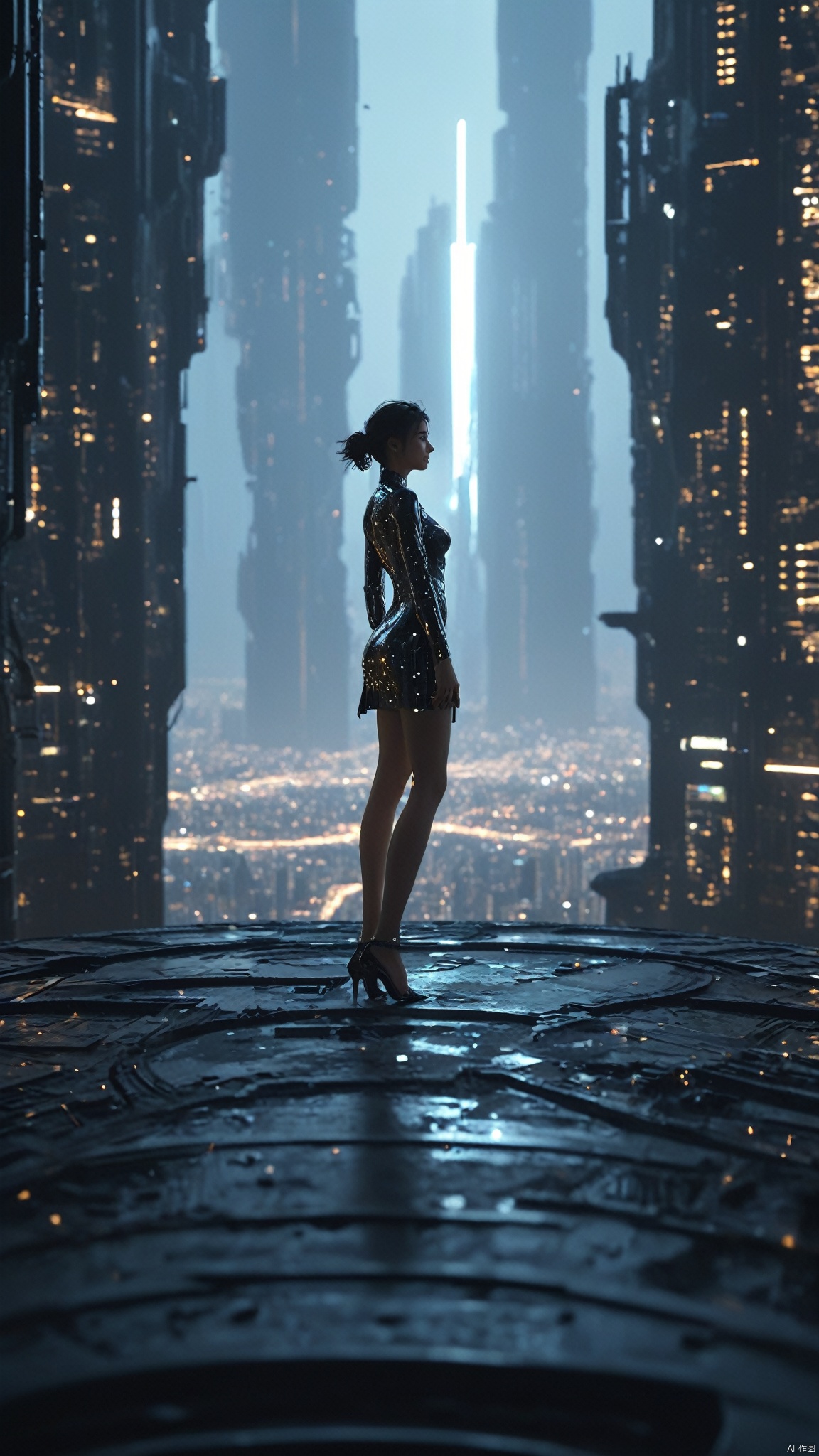 Very exquisite, 8K, beautiful: 1.2. A girl stands in the universe, wearing a tight fitting suit, ultra short skirt, high heels, big long legs, high details, complex details, ultra details, ultra clear, high-quality, overlooking the city, with a sense of technology, futuristic, starry sky, moonlight, and starlight. Standing on the top of the city, her whole body (revealing her lower body), silhouette, smile, horizon, cyberpunk, standing on the roof, looking at wide-angle shots from above, high angles, oil painting style, futuristic style, magical lighting, stunning visual effects background, space station, space elevator,