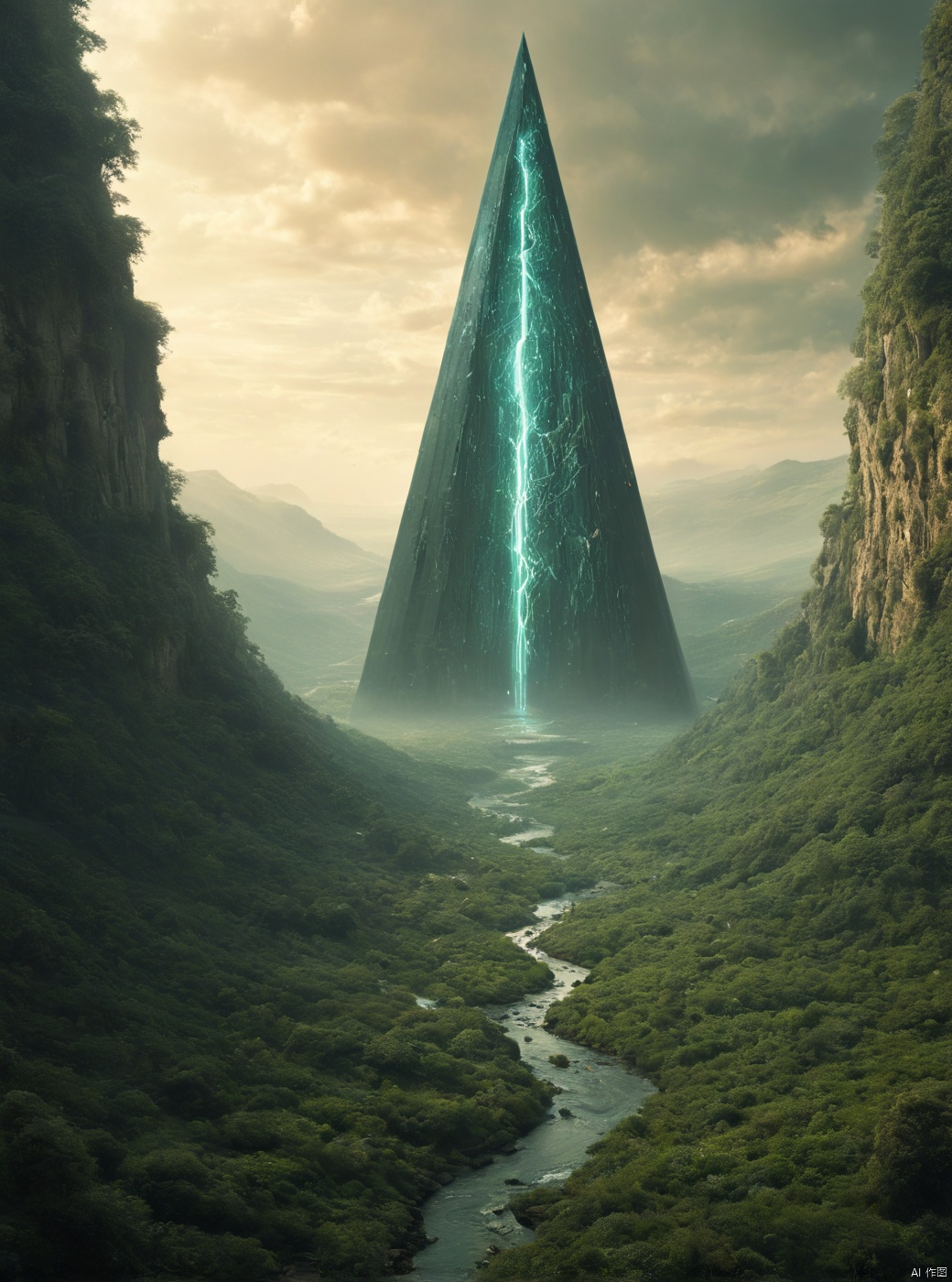 Green, huge door appears in the air, waterfall, very exquisite, 8K, beautiful: 1.2. High detail, ultra detail, ultra clear, high-quality, low head forest, technology, future, Mars, castle, building, full body (exposing lower body), a girl stands in a huge inverted triangle building (equilateral triangle) floating in mid air, sparkling during the day, tight wedding dress, cloak, white hair, high heels, long legs, contour, horizon, cyberpunk, wide-angle lens, high angle, futuristic style, neon lights, tornadoes, stunning visual background,