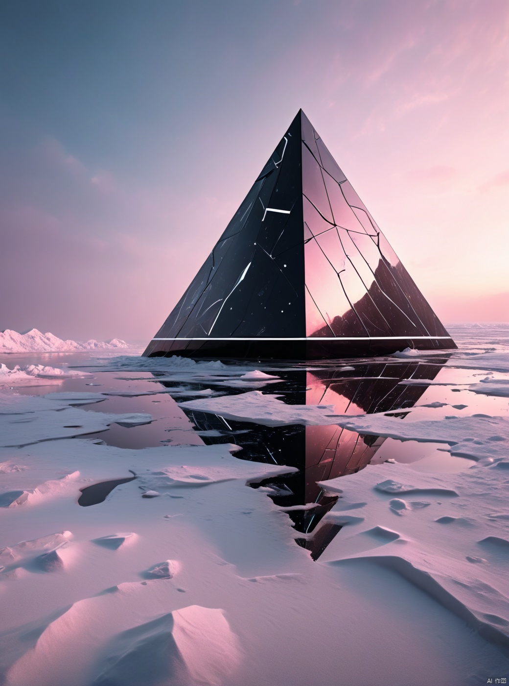 Very exquisite, 8K, independent and black with a huge inverted triangular building floating in the center of the snow, light pink, with a figure on the roof and water surface. First person perspective, glowing wedding dress, tight shorts, white hair, boots, long legs, pink lines, daytime, rainy days, high details, complex details, super details, ultra clear, high-quality, futuristic, silhouette, horizon, looking at wide-angle lens, technological, high angle, futuristic style, stunning visual effects from above