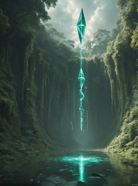 Green, the gate of the sky appears in the air, waterfall, very exquisite, 8K, beautiful: 1.2. High detail, ultra detail, ultra clear, high-quality, low headed forest, technology, future, Mars, standing at the top of a big tree, her entire body (revealing her lower body), a girl standing in a huge inverted triangle building (equilateral triangle) floating in mid air, sparkling during the day, tight wedding dress, cloak, white hair, high heels, long legs, contour, horizon, cyberpunk, wide-angle lens, high angle, futuristic style, Neon lights, windy, stunning visual background, LZBG