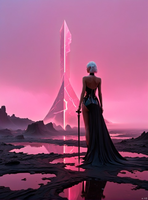 Very exquisite, 8K, misty, independent and black, with a huge black inverted triangle building floating in the center of the lava, an hourglass, a sky full of dust, light pink, and a figure holding a sword on the roof. First person perspective, glowing wedding dress, tight shorts, white hair, boots, long legs, pink lines, daytime, rainy days, high details, complex details, super details, ultra clear, high-quality, futuristic, silhouette, horizon, viewing wide-angle lens, technology, high angle, futuristic style, stunning visual effects from above, Wielding a battleaxe