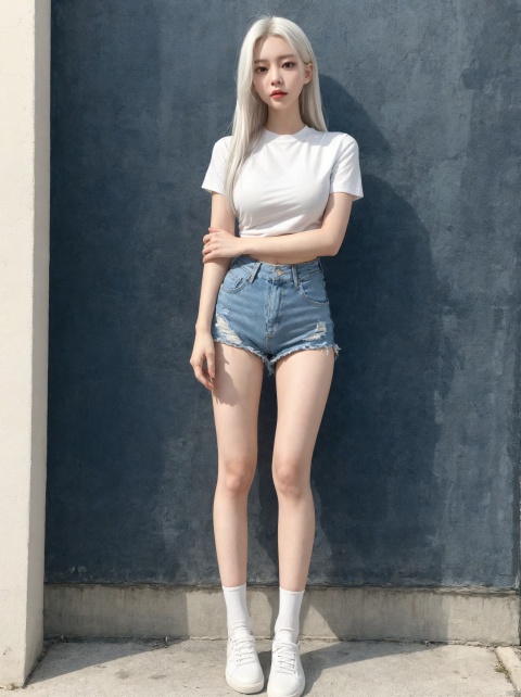  Standing posture, tight fitting top, a tight look, angry expression, white hair, long hair, denim shorts, high legs, white stockings, big chest, looking down, full body, casual shoes, sports shoes, the best quality, masterpiece, high-end, original, extremely fine, excellent quality

, 1 girl, Sexy micro denim shorts