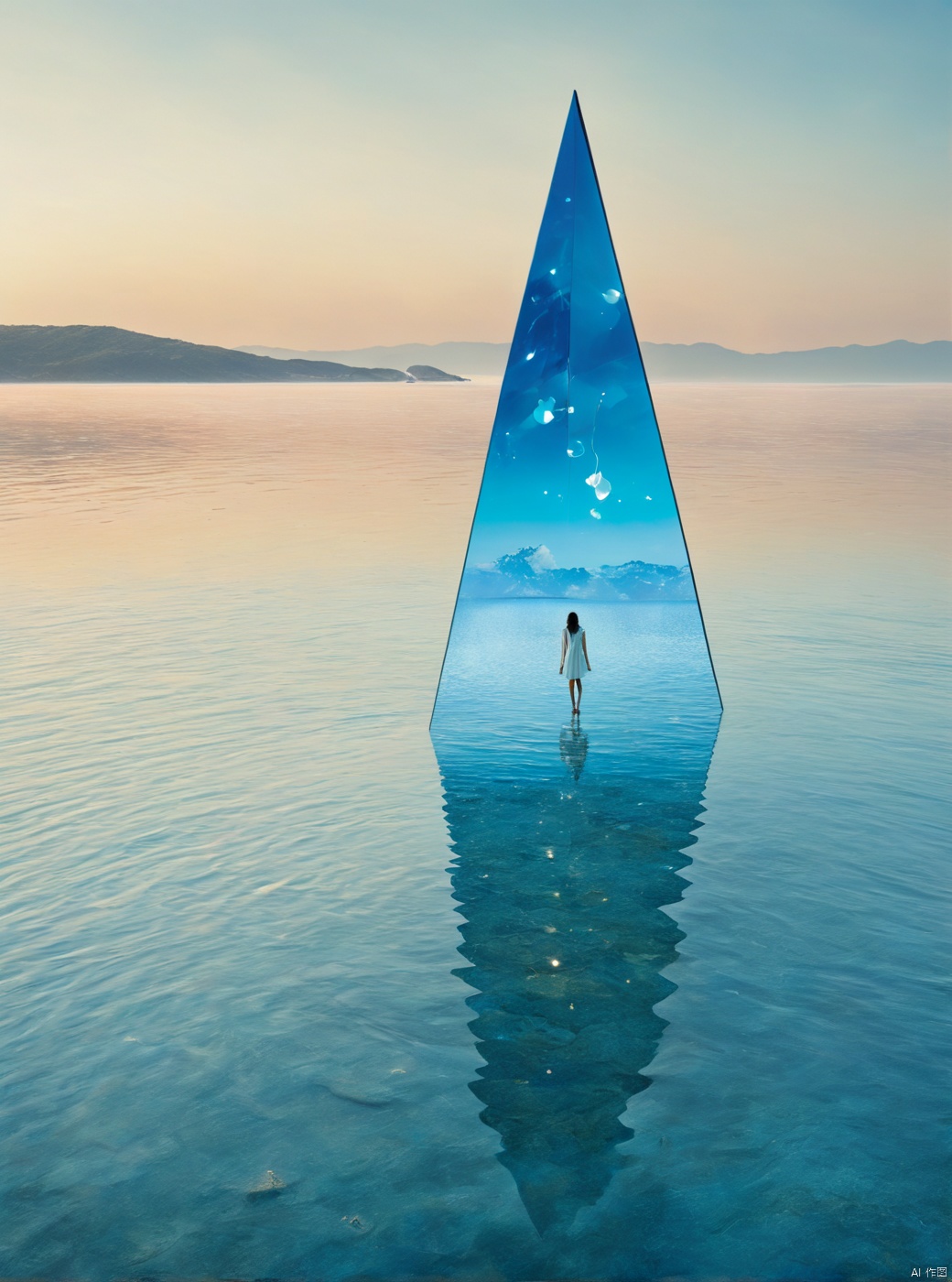 Blue and blue seaside ripples, layers of waves, satellite image view, with a huge three triangular building reflected in the center floating on the beach. There are many pendants in the sky, and a girl standing in the distance in a corner, shining split dress, white hair, boots, long legs, white lines, daytime, high details, complex details, super details, ultra clear, high-quality, watching wide-angle shots, high angles, kyoshitsu