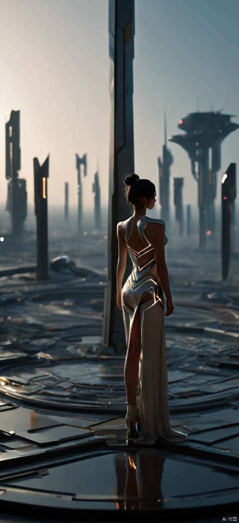 Very exquisite, 8K, beautiful: 1.2. On the roof, a girl stands in front of an inverted equilateral triangle, a huge inverted triangle building, a tight fitting, wedding dress, glowing body, very beautiful. High heels, long legs, desert, inverted triangle building, high details, complex details, super details, super clarity, high quality, overlooking the city, Trisolarans civilization, sand dunes, spacecraft filled with space in the sky, with a sense of technology and futurism, At night, standing at the top of the city, her entire body (revealing her lower body), silhouettes, smiles, horizon, cyberpunk, standing on the roof, gazing at wide-angle shots, high angles, futuristic styles, and stunning visual backgrounds from above,