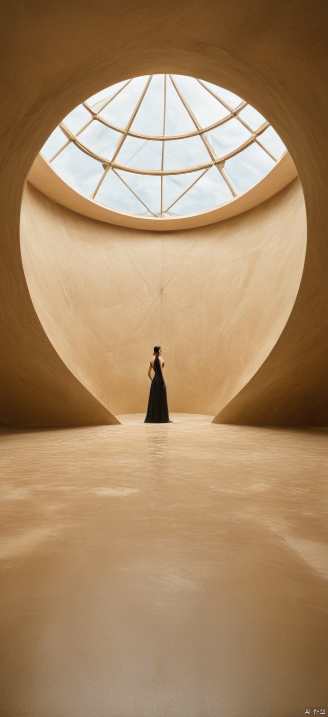 Very exquisite, 8K, beautiful: 1.3. On the roof, a girl stands in the hall from a super far perspective. The ceiling inside, the grand building (equilateral triangle), is futuristic, with a black wedding dress, a glowing body, very beautiful, high heels, long legs, indoor, high details, complex details, super details, ultra clear, high-quality, three body civilization, sand dunes, with a sense of technology, futurism, her entire body (revealing the lower body), aerial objects, Outline, fierce, horizon, cyberpunk, from above, wide-angle lens, high angle, futuristic style, and stunning visual effects,