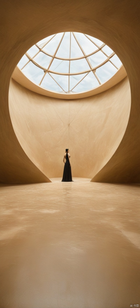 Very exquisite, 8K, beautiful: 1.3. On the roof, a girl stands in the hall from a super far perspective. The ceiling inside, the grand building (equilateral triangle), is futuristic, with a black wedding dress, a glowing body, very beautiful, high heels, long legs, indoor, high details, complex details, super details, ultra clear, high-quality, three body civilization, sand dunes, with a sense of technology, futurism, her entire body (revealing the lower body), aerial objects, Outline, fierce, horizon, cyberpunk, from above, wide-angle lens, high angle, futuristic style, and stunning visual effects,