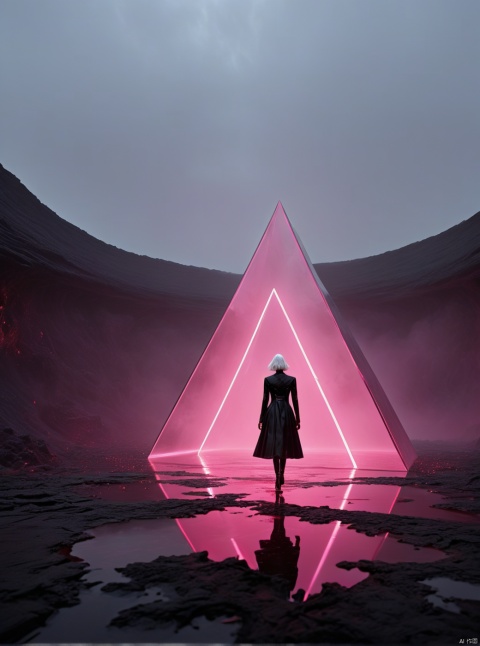 Very exquisite, 8K, foggy, independent and black, with a huge inverted triangle building floating in the center of the lava, an hourglass, light pink, and a figure on the roof. First person perspective, glowing wedding dress, tight shorts, white hair, boots, long legs, pink lines, daytime, rainy days, high details, complex details, super details, ultra clear, high-quality, futuristic, silhouette, horizon, viewing wide-angle lens, technology, high angle, futuristic style, stunning visual effects from above