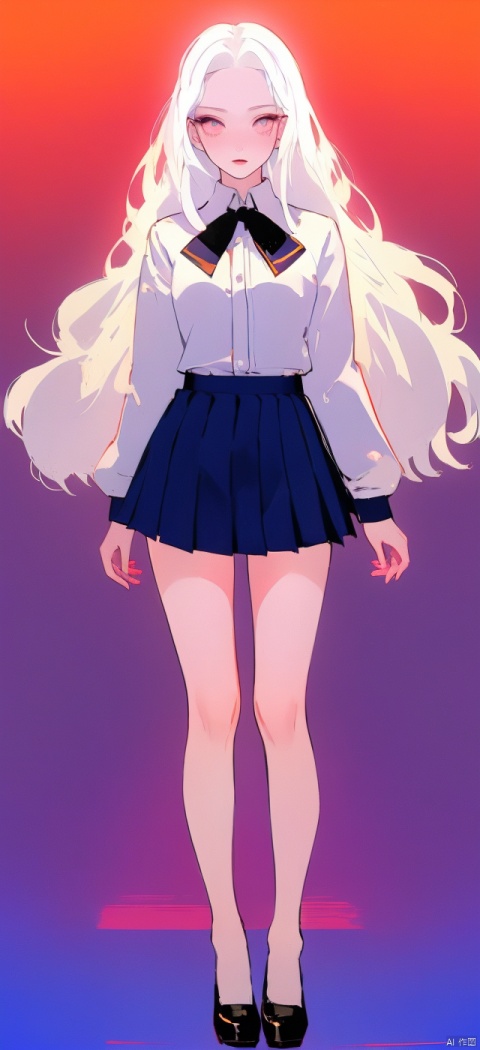 A girl with a tight appearance, white hair, ultra white skin, long hair, pleated skirt, big chest, high legs, low head, the best quality, masterpiece, high-end, original, ultimate delicacy, high quality, born in the 1990s, sexy school uniform, ultra short skirt

